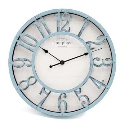 Afbeelding van K&amp;L Wall Art Grote industriële vintage wandklok in houtlook en metaal zonder tikkend geluid, shabby chic blauw, 50 cm