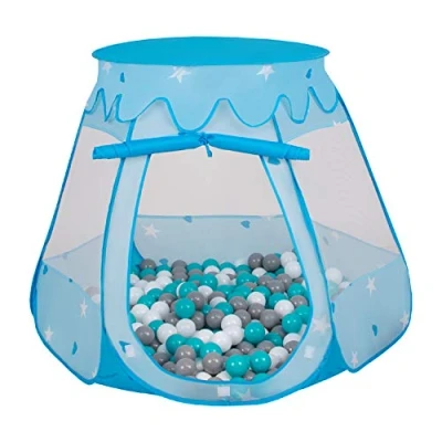 Afbeelding van Selonis Tent 105 x 90 cm, 100 ballen, kasteel met kunststof ballenbad voor kinderen, blauw: wit, grijs, turquoise