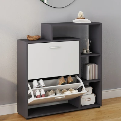 Image de Meuble à chaussures KLARK gris 2 portes blanches avec étagère