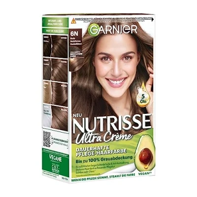 Afbeelding van Garnier Nutrisse Duurzame verzorgende haarkleur met voedende fruitoliën, houdt 8 weken, ultra crème tint, natuurlijk donkerblond 6N nude