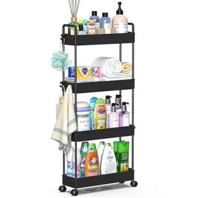 Afbeelding van SOLEJAZZ 4 laags opbergtrolley kar uitschuifbare slanke rollende boodschappenkar mobiele opslag rekken organizer voor keuken, badkamer, wasruimte, slaapkamer, smalle plaatsen, kunststof, zwart