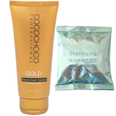 Afbeelding van Cocochoco Professional Gold Keratin Starter Kit Premium Keratine Hair Treatment (100 ml) en Clarifying Shampoo (50