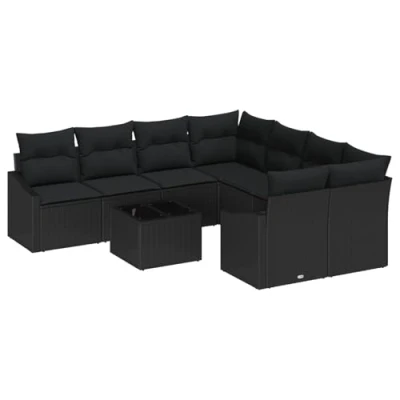 Afbeelding van vidaXL Tuinbank Set van 9 Zwart Rattan, Polyester Kussens