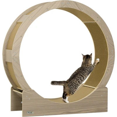 Afbeelding van PawHut roue d&#039;exercice pour chat 91 cm avec frein, griffoir, un mouvement sain, la détente, noyer
