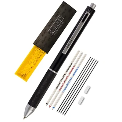 Afbeelding van Online Multipen 4 in 1 zwart, balpen &amp; multifunctionele pen van metaal met potlood, 3 vullingen blauw, zwart en rood, vulling voor vulpotlood, gom, geschenkdoos