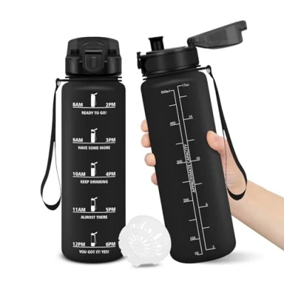 Afbeelding van Drinkfles, 500 ml, BPA vrij, sportfles, lekvrij vergrendelingsontwerp, fles, met tijdstempel, waterfles voor school, yoga, camping, hardlopen, bergen beklimmen, zwart