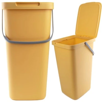 Afbeelding van Kadax Afvalemmer van kunststof met klapdeksel en handgreep, rechthoekige afvalverzamelaar, voor afvalscheiding (geel, 25 liter)