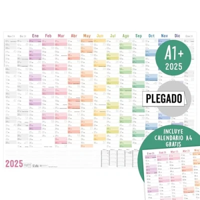 Afbeelding van Häfft® XXL wandkalender 2025 A1+ in het Spaans (63 x 89 cm) gevouwen regenboog + gratis A4 jaarplanner, met Spaanse feestdagen duurzaam en klimaatvriendelijk