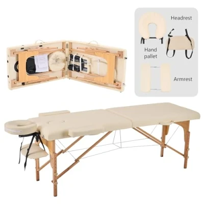 Afbeelding van YOUNIKE Professionele opvouwbare massagetafel, 60 cm, breedte, esthetisch, professioneel, hout, verzorgingstafel, tattoo, armleuningbed, massage, tafel, wimpers, draagbaar, 2 secties, beige