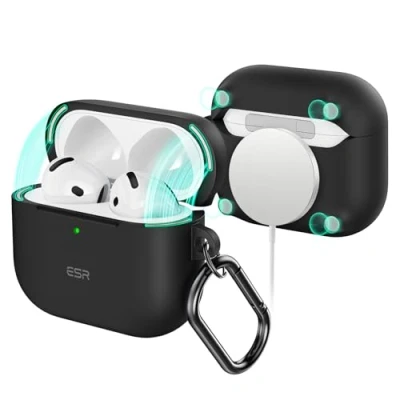 Afbeelding van ESR AirPods hoes (2024, 4e generatie), compatibel met generatie (USB C/Lightning kabel), MagSafe, volledige bescherming tegen vallen, Cloud serie, zwart