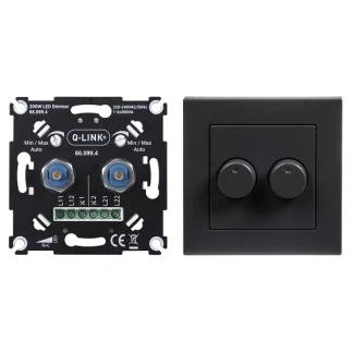 Afbeelding van Duo Dimmer Q link (Inbouw, Draaiknop, LED, 2 x 200 watt, Met centraalplaat, Zwart)