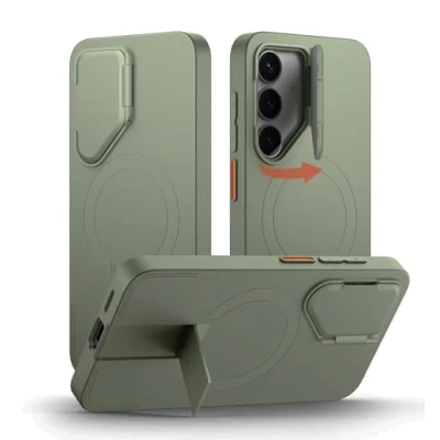 Afbeelding van SURITCH Magnetisch hoesje compatibel met Samsung Galaxy S25 Plus, camerahoesje en verstelbare metalen standaard, schokbestendig, dunne beschermhoes voor Plus 5G (2025), groen
