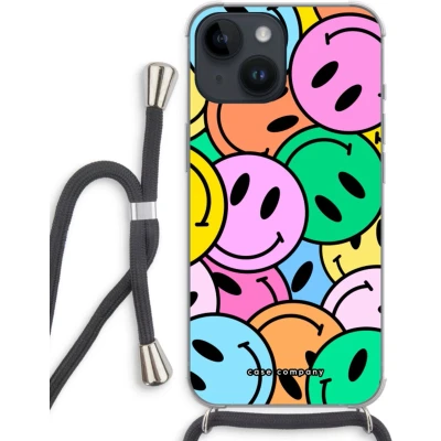 Afbeelding van Case Company® hoesje met Koord geschikt voor iPhone 14 Smiley N1 Telefoonhoesje Zwart Extra Bescherming aan alle Kanten en Over de Schermrand