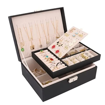 Afbeelding van talifoca Sieradenkistje voor dames en meisjes, van polyurethaan, 2 lagen, afsluitbaar, grote capaciteit, opbergdoos, sieraden halskettingen, oorbellen, armbanden