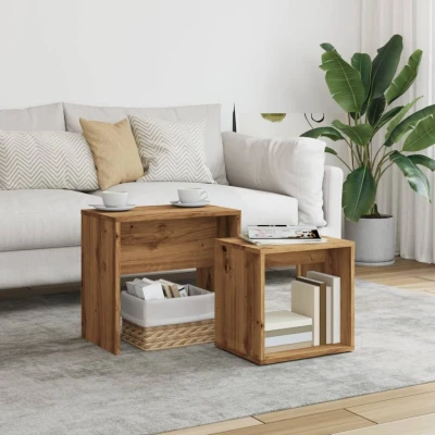 Afbeelding van 2 delige Tafeltjesset bewerkt hout artisanaal eikenkleurig