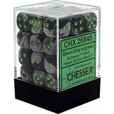 Afbeelding van Chessex Gemini Black Grey/green D6 12mm Dobbelsteen Set (36 stuks)
