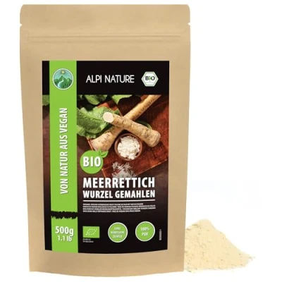 Afbeelding van Gemalen biologische mierikswortel (500 g), mierikswortelwortel van teelt, 100% natuurlijk biologisch mierikswortelpoeder, mierikswortelpoeder zonder additieven, veganistisch