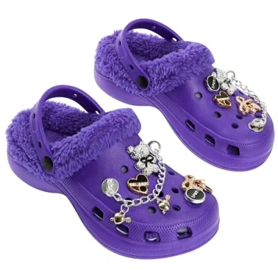 Afbeelding van CityComfort Clogs voor meisjes met fleecevoering en afneembare bedels, tuinschoenen, Paars.