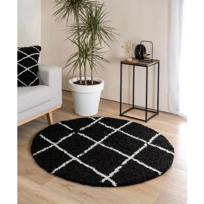 Afbeelding van Rond Hoogpolig Vloerkleed Ruiten Artisan Zwart/wit 160 Cm