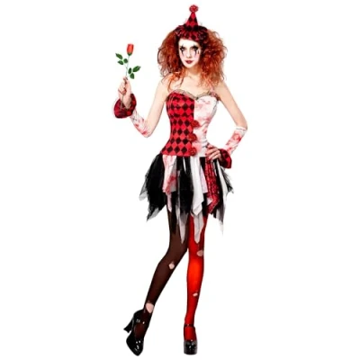 Afbeelding van Widmann Harlequin Kostuum Halloween Harlekijn Drukke Patronen Vrouw Zwart / Wit Medium Verkleedkleding