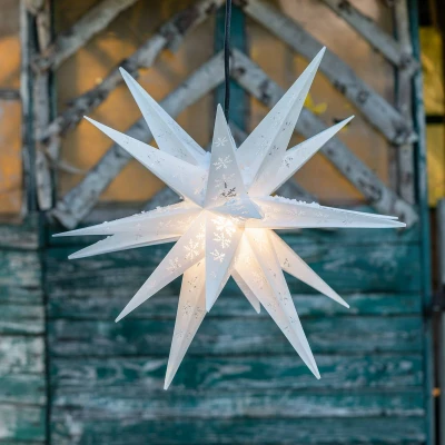 Afbeelding van Sterntaler decoratieve ster Poinsettia met sneeuwvlokkenontwerp vouwster 55cm Buiten gloeilamp Stekker