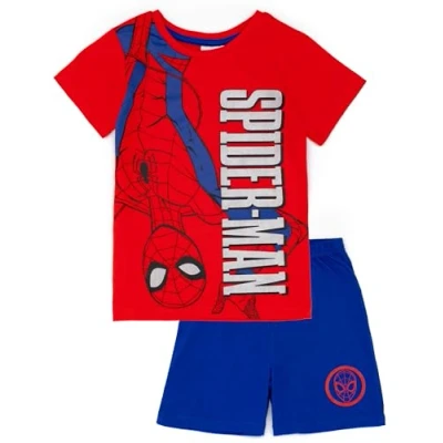 Afbeelding van Marvel Spiderman, blauw en rode jongenspyjamaset, kinderT shirt met shorts, pyjama, webslinger, officiële merchandise, perfect cadeau voor kleine superhelden, rood