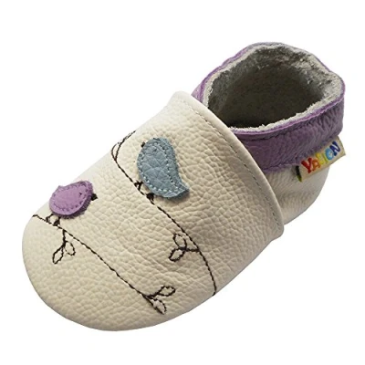 Afbeelding van YALION Pantoffels van zacht leer, voor baby&#039;s, meisjes en jongens, antislip, eerste stapjes kinderen, Witte vogels