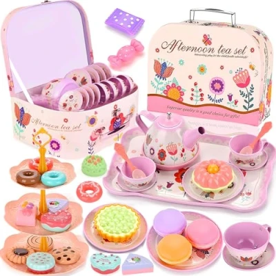 Afbeelding van NCKIHRKK 46 delig theeservies voor kinderen, keukenspeelgoed thee party, rollenspellen, dinette koffieservies, speelgoed meisjes, 3, 4, 5, 6, 7, 8 jaar