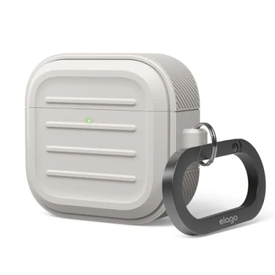 Afbeelding van elago Armor Case compatibel met AirPods 4e generatie, 4 hoes, inclusief karabijnhaak, ondersteunt draadloos opladen, schokbestendig, volledige bescherming (steen)
