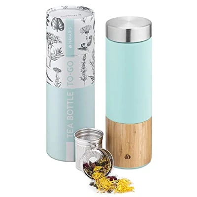 Afbeelding van Navaris bamboe theefles met filter 500 ml Waterfles dop van roestvrij staal Drinkfles thee infuser Fles voor onderweg en op reis