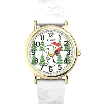 Afbeelding van Timex X Peanuts TW2W24100 Uniseks horloge met leren band, 38 mm, goudkleurig, modern, Goud, Modern