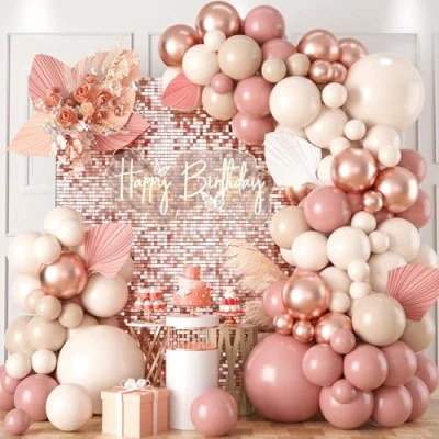 Afbeelding van Roségouden ballonnenboogset met slinger en 100 lichtroze, witte ballonnen voor babyshower, bruiloft, bal, verjaardag