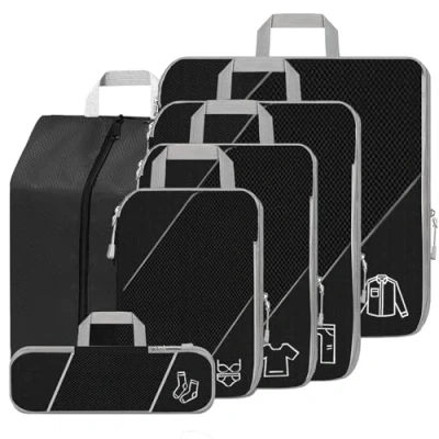 Afbeelding van SINZUX Set van 6 zwarte ultralichte en rekbare compressie organizers voor koffer, rugzak, bagage