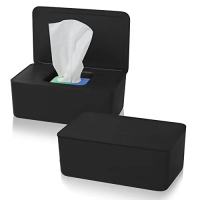Afbeelding van 2 Dispenserdozen met vochtige doekjes, opbergdoos voor doekjes deksel, rechthoekige tissuedooshouder, doos babydoekjes toilet, badkamer zwart