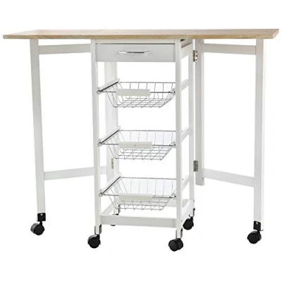 Afbeelding van HOMCOM Serveerwagen met wieltjes, 3 metalen manden + lade verlengingen MDF wit licht eiken