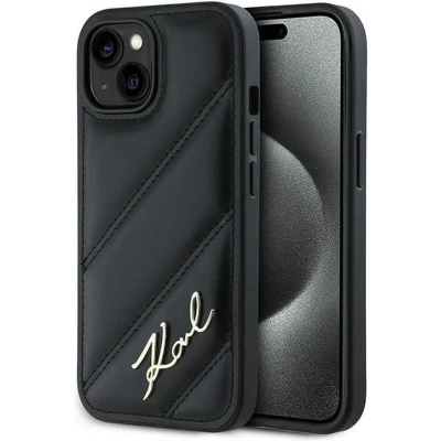 Afbeelding van Karl Lagerfeld Diagonal Quilted Script hoesje voor iPhone 15 Plus / 14 zwart