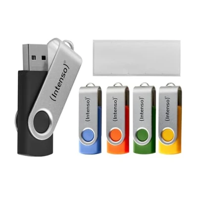 Afbeelding van Intenso Basic Line USB stick 2.0, 16 GB, 5 stuks, met praktische etiketten, geel, groen, zwart, blauw + oranje, zilverkleurige metalen beugel