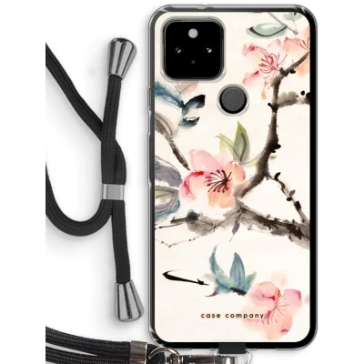 Afbeelding van Case Company® hoesje met Koord geschikt voor Google Pixel 5 Japanse bloemen Telefoonhoesje Zwart Bescherming aan alle Kanten en Over de Schermrand