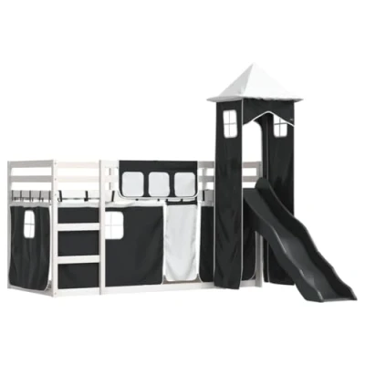 Image de vidaXL Lit superposé avec toboggan et rideaux blanc noir 80x200 cm