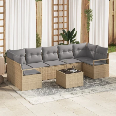 Afbeelding van vidaXL 8 Delige Tuin Sofa Set met Kussens Beige Poly Rattan, 2 Persoons Rattan