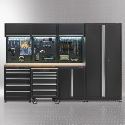 Afbeelding van Werkplaatsinrichting PREMIUM met eiken werkblad 300 cm breed