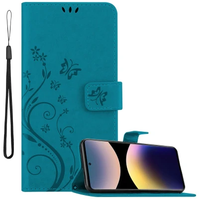 Afbeelding van Cadorabo Hoesje geschikt voor Xiaomi RedMi Note 14 Pro 4G in BLOEMEN BLAUW Beschermhoes bloemmotief met magnetische sluiting, standfunctie en kaartsleuven Book Case Cover Etui