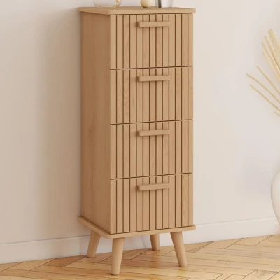 Image de Meuble d&#039;appoint 4 tiroirs JULIETTE 30 cm chiffonnier lattes tasseau bois coloris chêne IDMarket