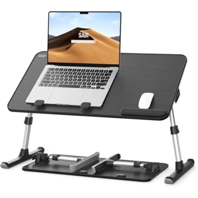 Afbeelding van SAIJI Verstelbaar laptopbeddienblad met inklapbare poten om te lezen, schrijven, eten op bed, bank, vloer, 52 x 30 cm, zwart