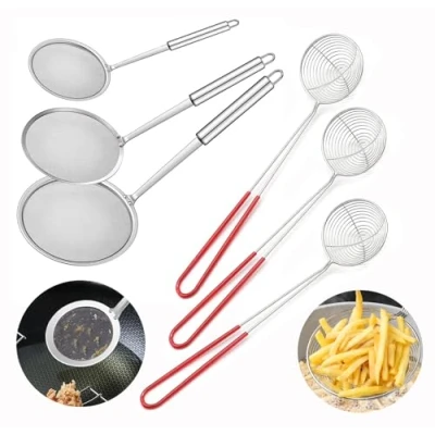 Afbeelding van 6 Stuks Rvs Vergiet Zeef Fondue Keuken Tool Roestvrij Staal Hot Pot Draad Skimmer Lepel Met Handvat Geschikt voor Eten Soep Aftappen (zwart/rood)