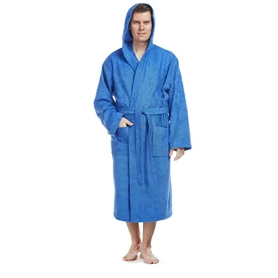 Afbeelding van Arus Pacific Badjas voor heren met capuchon, kuitlengte of enkel, badstof, 100% katoen, Oeko Tex gecertificeerd, Royal Blauw