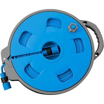 Afbeelding van BRUNNER 7203132N slanghaspel voor camping en tuin, Roll On 2.0, met 15 m platte buis, blauw/grijs