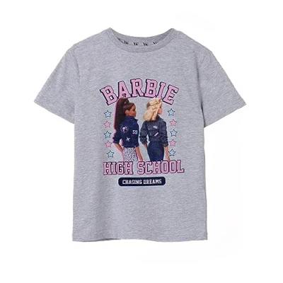 Afbeelding van Barbie Girls High School Grijs T shirt met korte mouwen Iconisch merk Dromen Najagen Stijlvolle Top Comfortabele pasvorm Meisjesmode Motiverend Leuke kinderkleding,