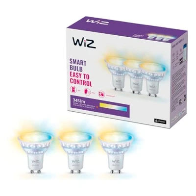 Afbeelding van WiZ GU10 Smart led glazen lamp 50 watt vervanging, witte tinten, wifi/bluetooth, spraak /appbediening, werkt met Google Home, Alexa en HomeKit, set van 3.