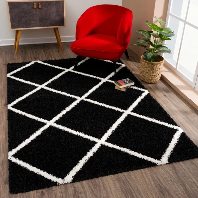 Afbeelding van Madrid Shaggy Geruit Vloerkleed Zwart Creme Hoogpolig 120x170 cm